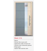 UNILUX Model 2116 Spruce Door, Vertical Fiber, Metal Grooves, Designer Glass, Energy Efficient, Secure Timber Door